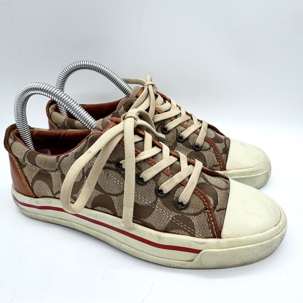 Coach Bobbi Signature C Canvas With Leather Accent Lace Up Sneaker Tan Size‎ 6.5